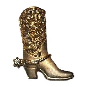 Vintage Gold Tone Cowboy‎ Boot Filigree Brooch Pin with Rhinestone Spur